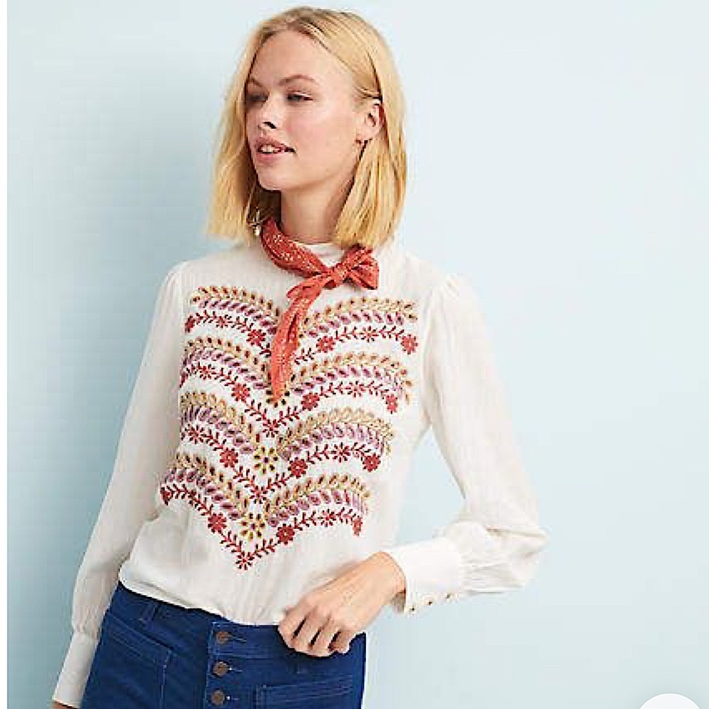 Meadow Rue by Anthropology Daphne Embroidered Cream Blouse